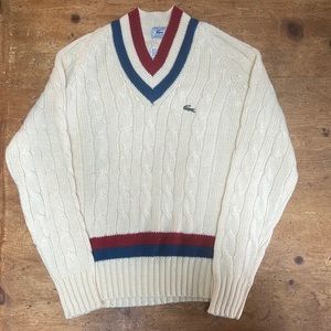 Vintage Izod Lacoste Cable Knit Varsity Tennis Sweater